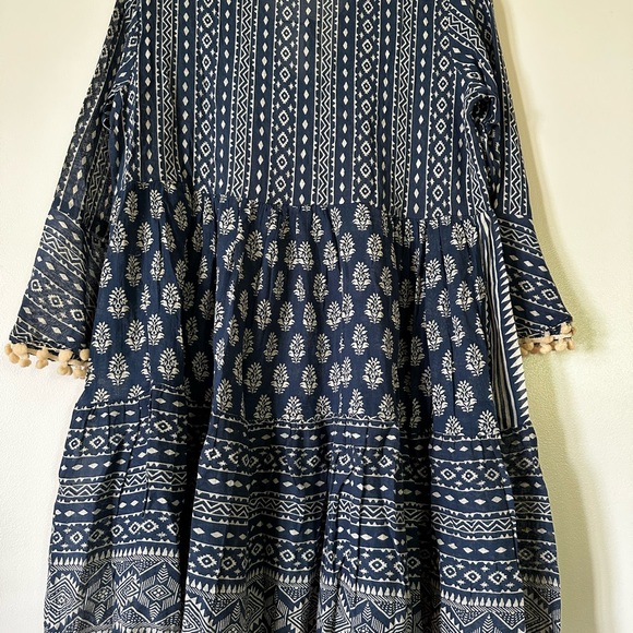 Blue Boho Chic Block Mix Match Print Tiered Mini Dress, Ties and Tassels/AU12 - Picture 4 of 7